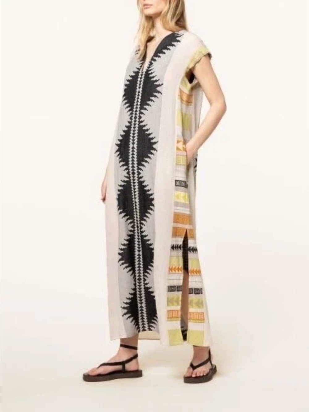 Embroidered Geo-Panel Maxi Dress in Ivory and Black